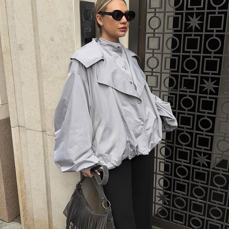 Women's Oversized Short Jacket with Wide Volume Sleeves and Drawcord Hem Amarae