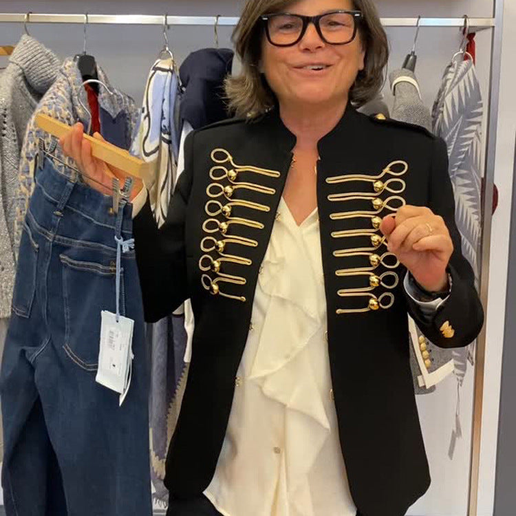 Ladies military-inspired fitted blazer with gold-embroidered cord applications Amarae