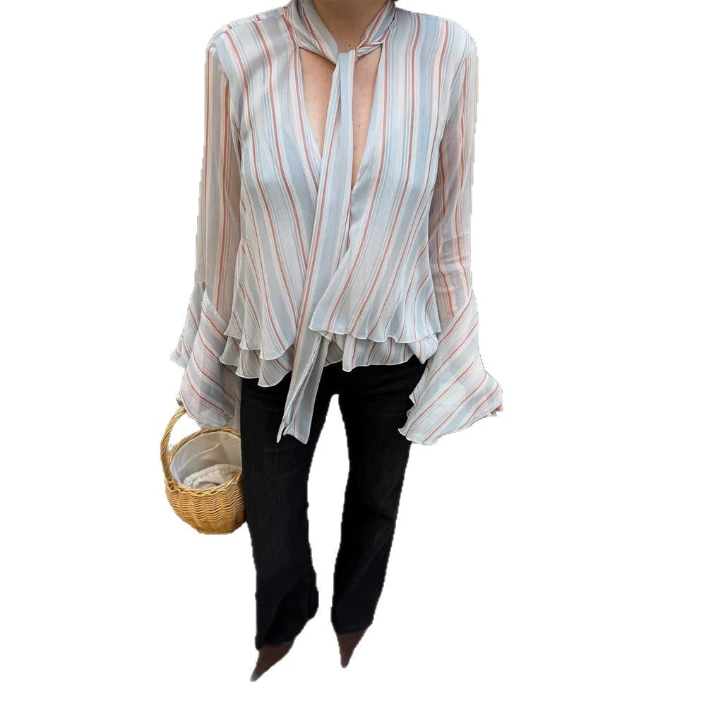 Women's Striped Chiffon Blouse with Tie Bow, Ruffled Hem & Bell Sleeves Amarae