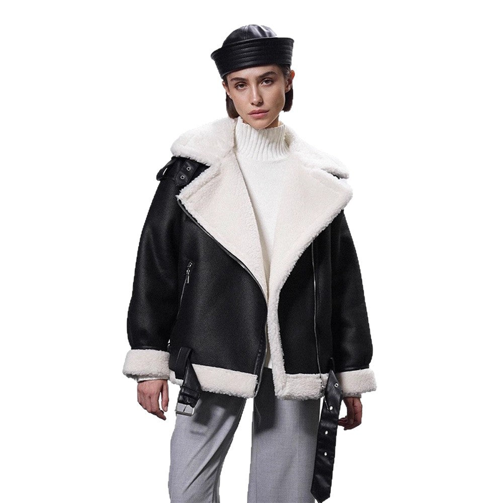 Women's Oversized Biker Jacket with Teddy Fur Lining and Adjustable Belts Amarae