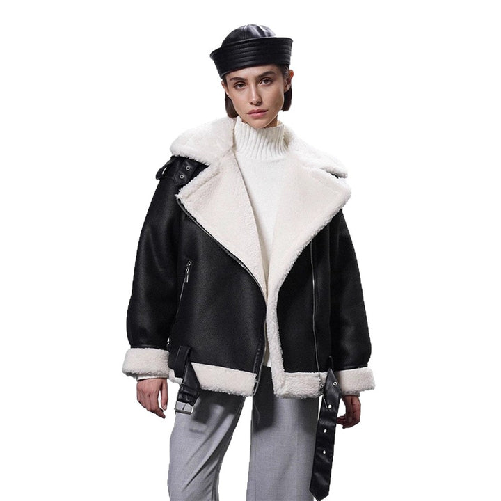 Women's Oversized Biker Jacket with Teddy Fur Lining and Adjustable Belts Amarae