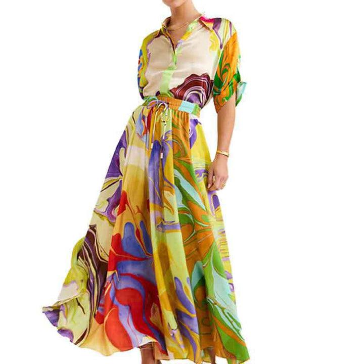 Robe maxi femme avec design coloré artistique et ceinture élastique Chic & Stil