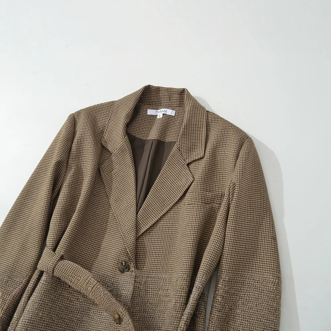Women's Short Blazer with Tailoring Tie Belt and Houndstooth Pattern Amarae