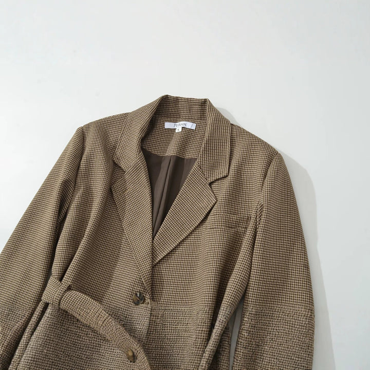 Women's Short Blazer with Tailoring Tie Belt and Houndstooth Pattern Amarae