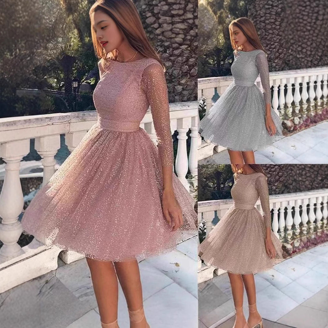 Women Glittering Tulle Dress with Long Sleeves and Swinging Skirt Lune London
