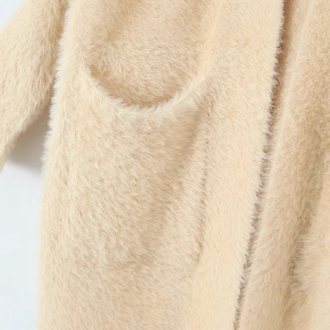 Manteau long en tricot confortable pour femmes avec capuche et poches pratiques