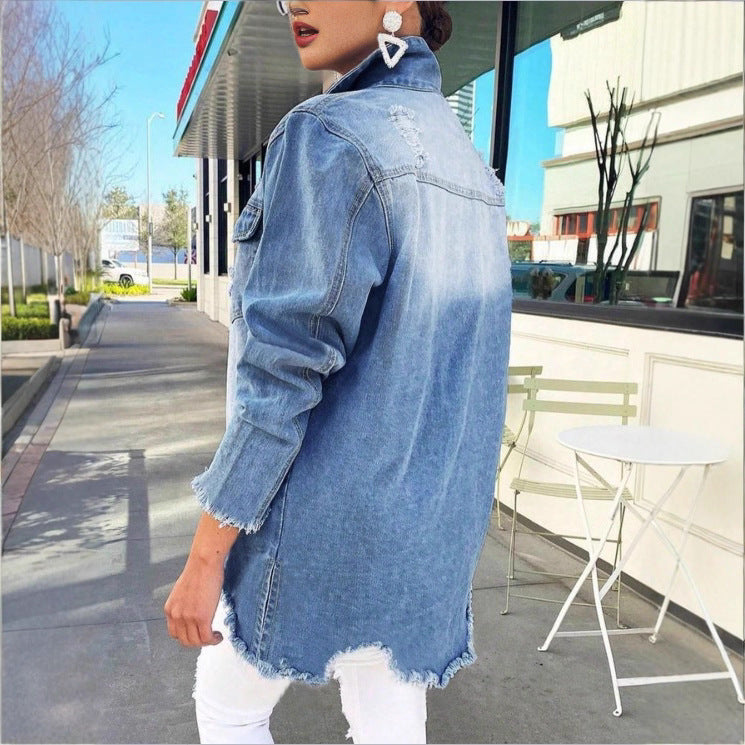 Women's Oversized Denim Jacket with Destroyed Details, Longer Cut and Frayed Hem Amarae