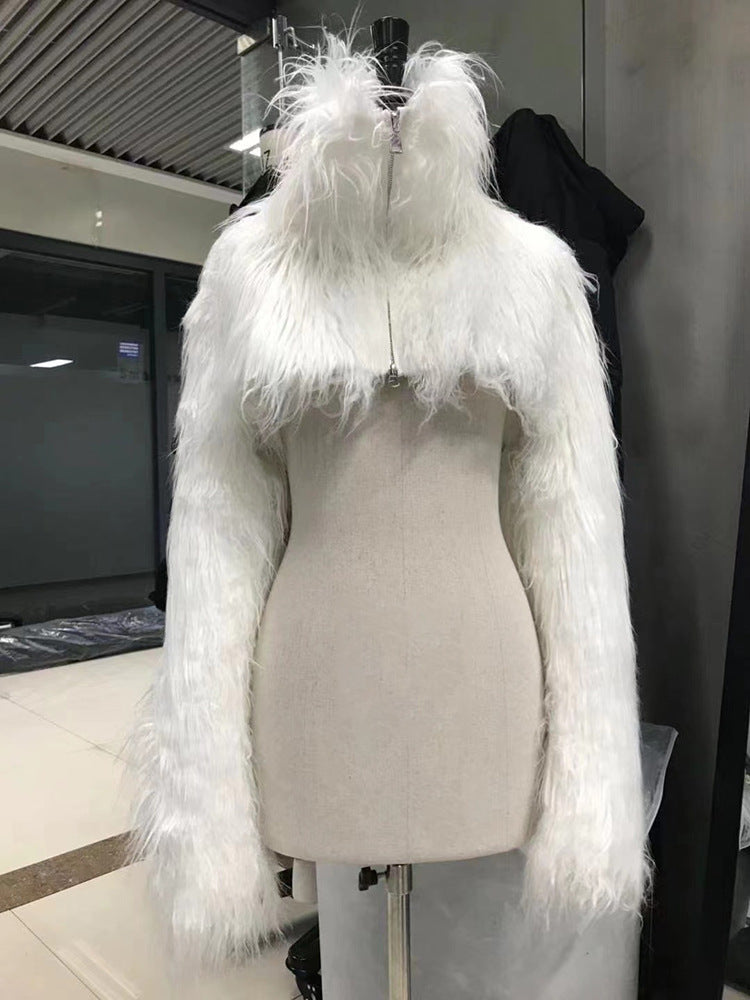 Women's Short Long-fiber Faux Fur Bolero with Extra Long Sleeves and High Standing Collar Amarae