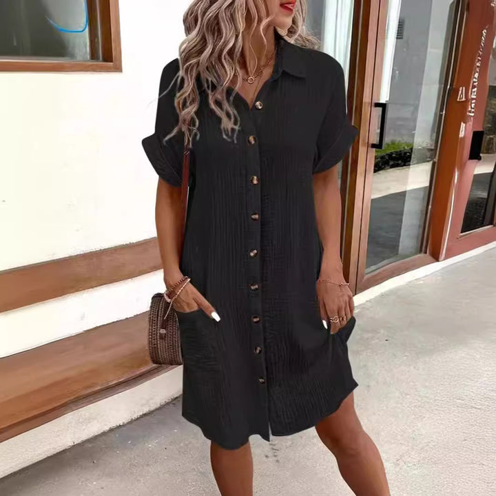 Casual button dress for women in lightweight cotton with practical pockets and rollable sleeves Lune London