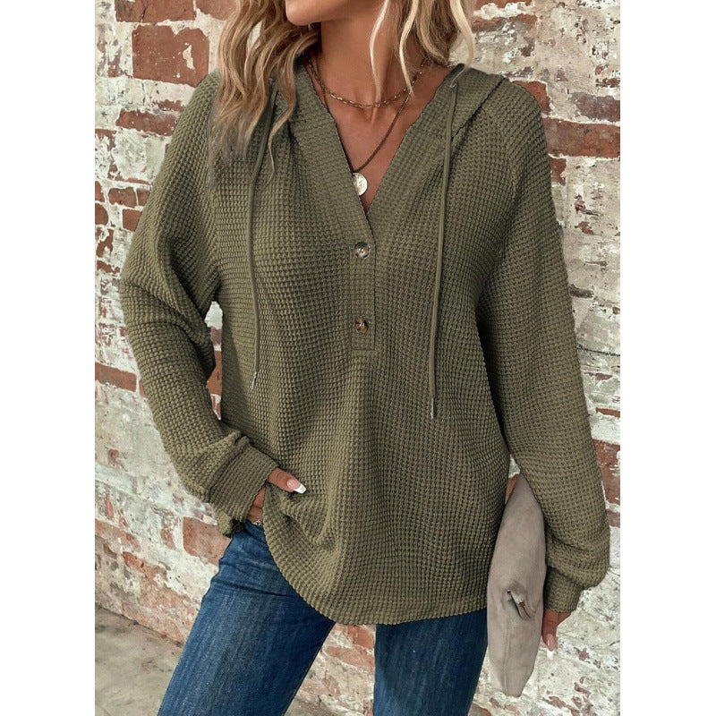 Women Waffle Knit Hoodie with Henley Button Placket and Oversized Cut Amarae