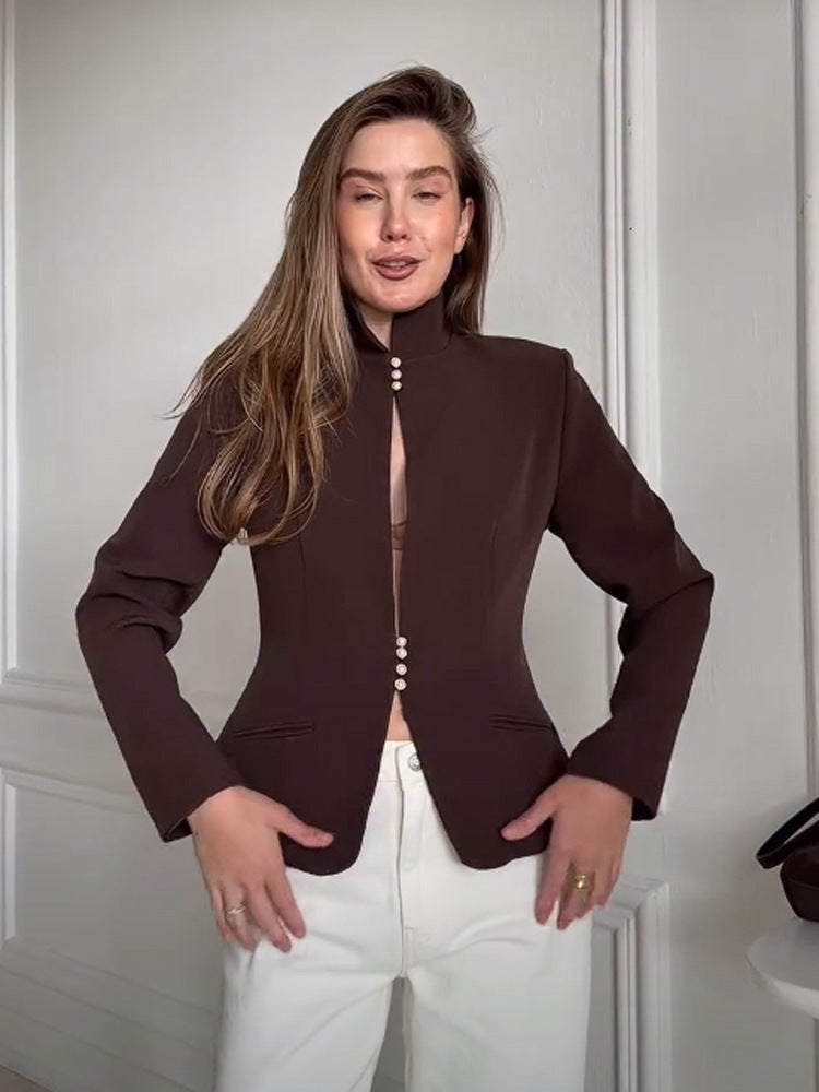 Women's Tailored Blazer with Stand Collar and Pearl Button Placket Amarae