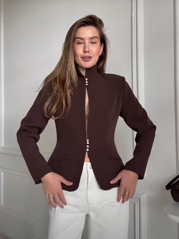 Women's Tailored Blazer with Stand Collar and Pearl Button Placket Amarae