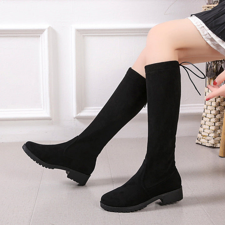Knee-high women's boots with a velvety surface and adjustable lace detail Lune London