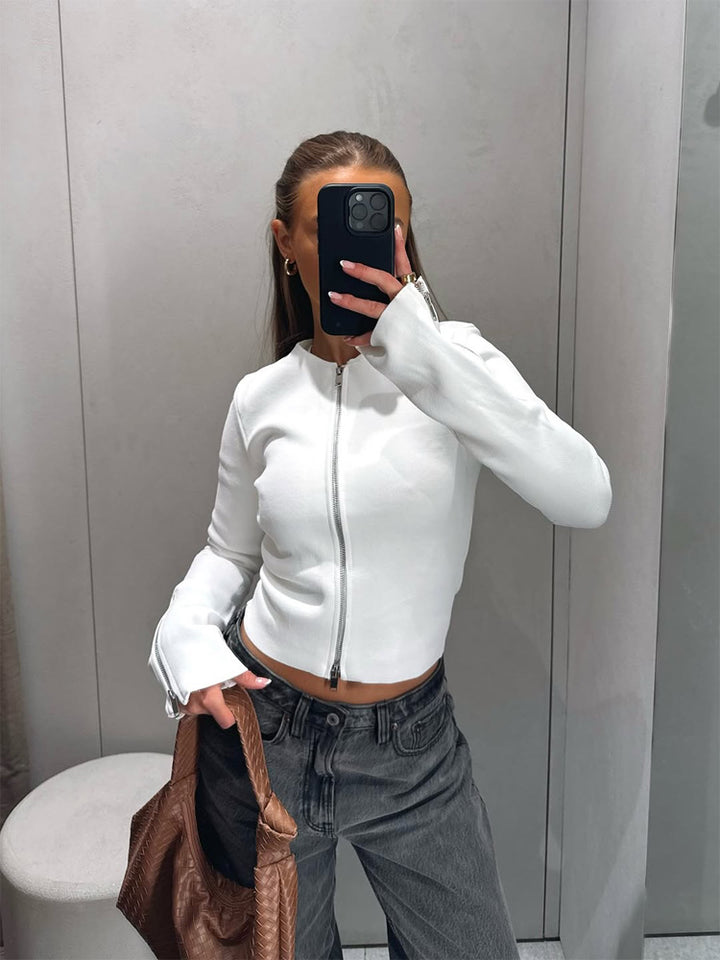 Ladies Tailored Cropped Cardigan with Full Metal Zipper and Extended Cuff Zippers Amarae