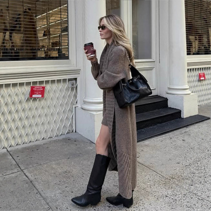 Women's Knit Set Maxi Cardigan with Oversized Shawl Collar and Figure-Hugging Strap Dress Amarae