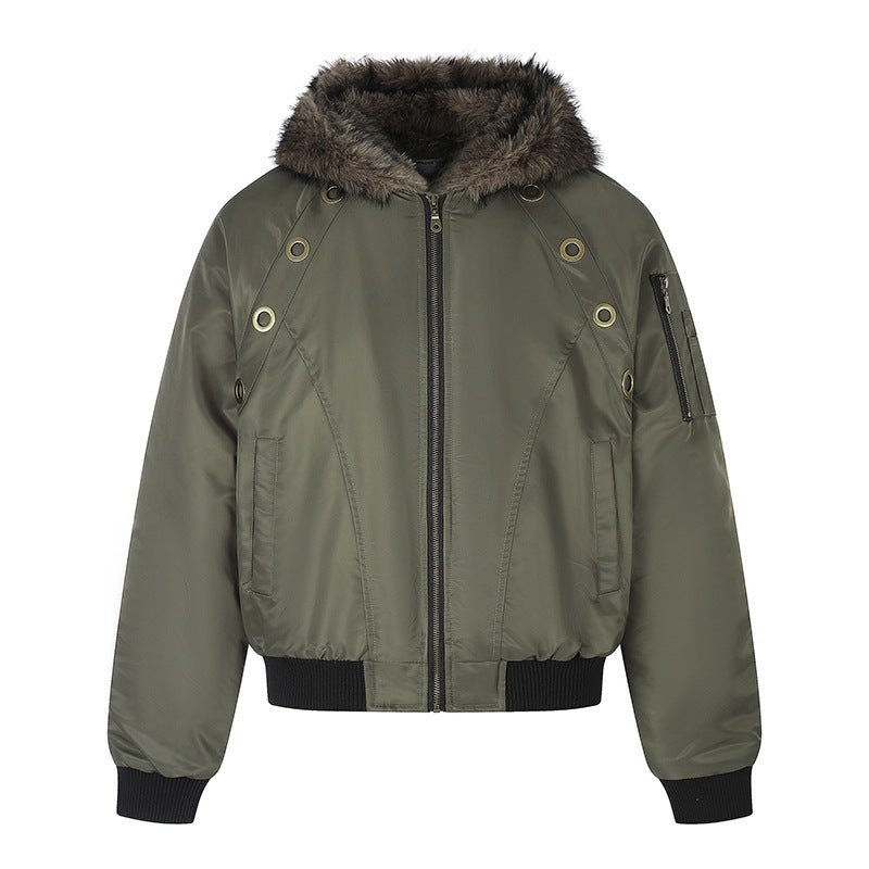 Women's short-cut bomber jacket with faux fur hood and eyelet application Amarae