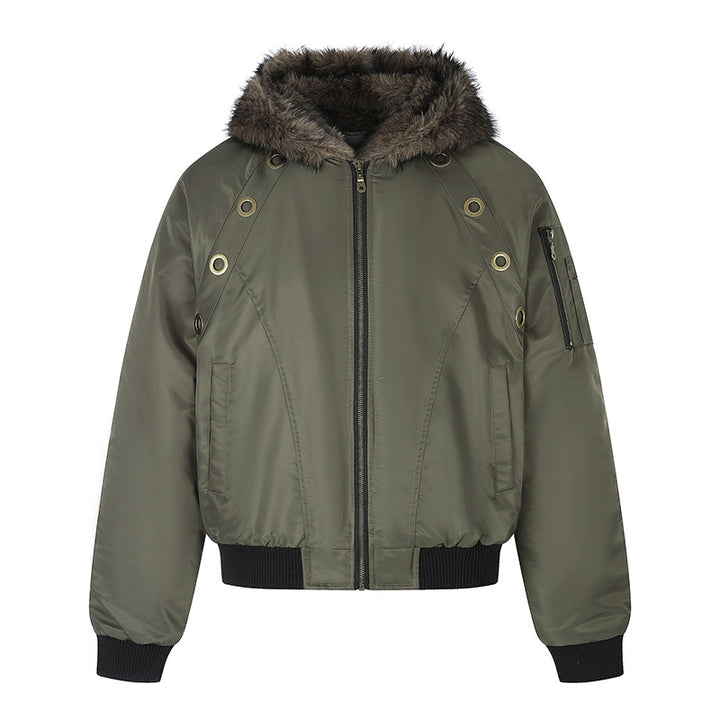 Women's short-cut bomber jacket with faux fur hood and eyelet application Amarae