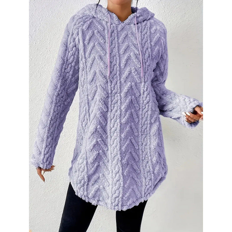Women Cozy Teddy Hoodie with Cable Knit Pattern Drawstring and Rounded Hem Amarae