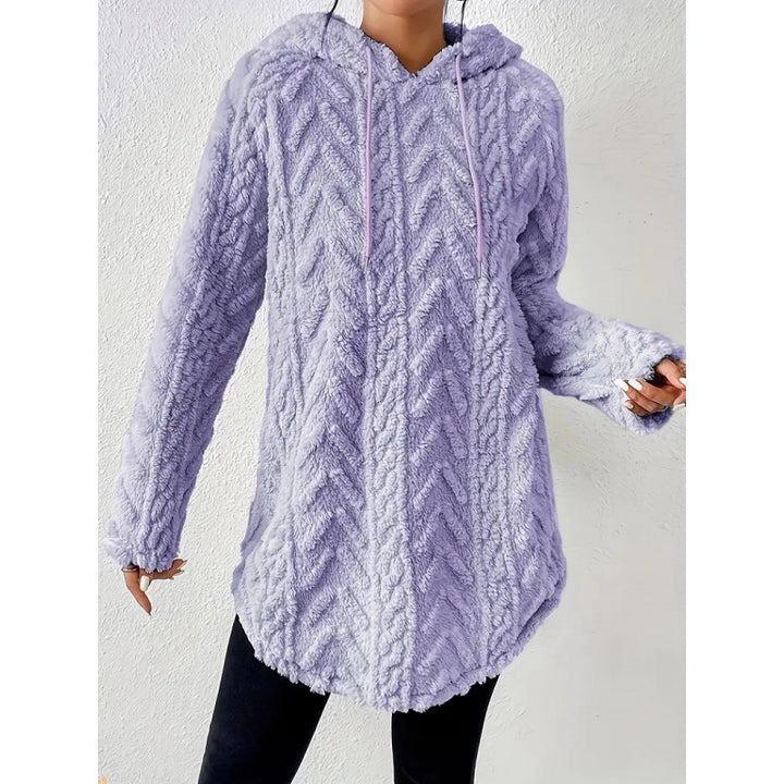 Women Cozy Teddy Hoodie with Cable Knit Pattern Drawstring and Rounded Hem Amarae