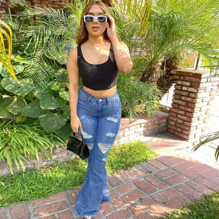 Women's High-Waisted Distressed Flared Jeans with Flared Hem and Sculpting Fit Amarae
