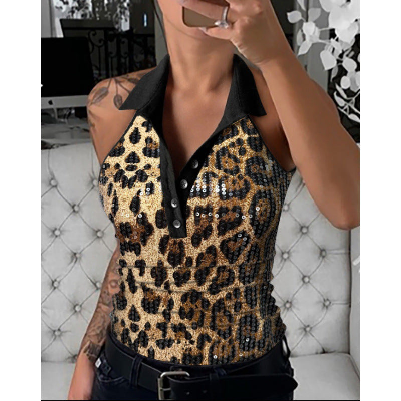 Ladies Elegant sequin leopard print polo top Lune London