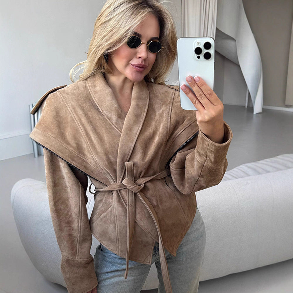Women's Suede Wrap Jacket with Wide Shawl Collar and Waist Belt Amarae