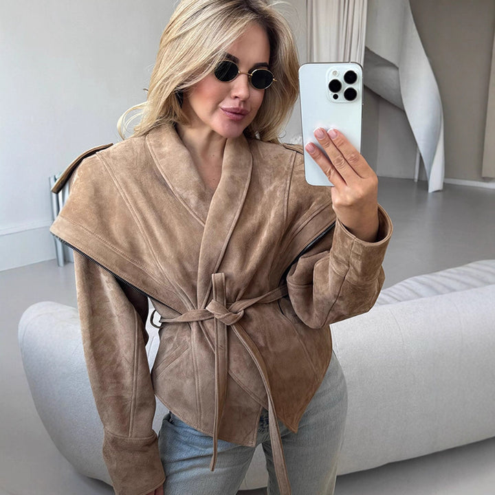 Women's Suede Wrap Jacket with Wide Shawl Collar and Waist Belt Amarae