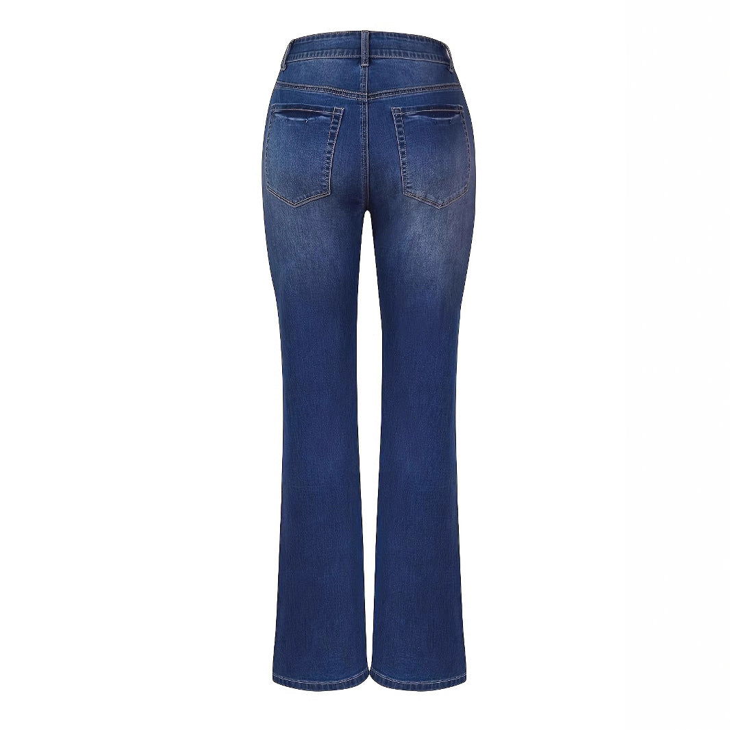 Women High-Waisted Button-Fly Flared Jeans with Sculpting Center Seam Amarae