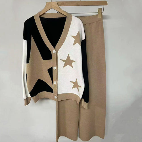 Amarae striking star-pattern women's knit set with button details
