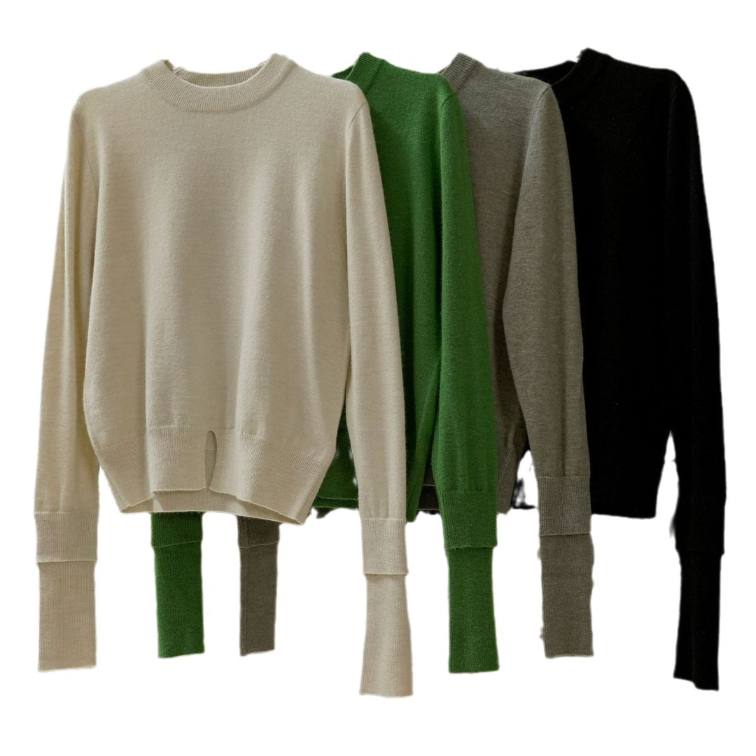 Women's fine knit sweater with extended ribbed sleeves and front slit Amarae
