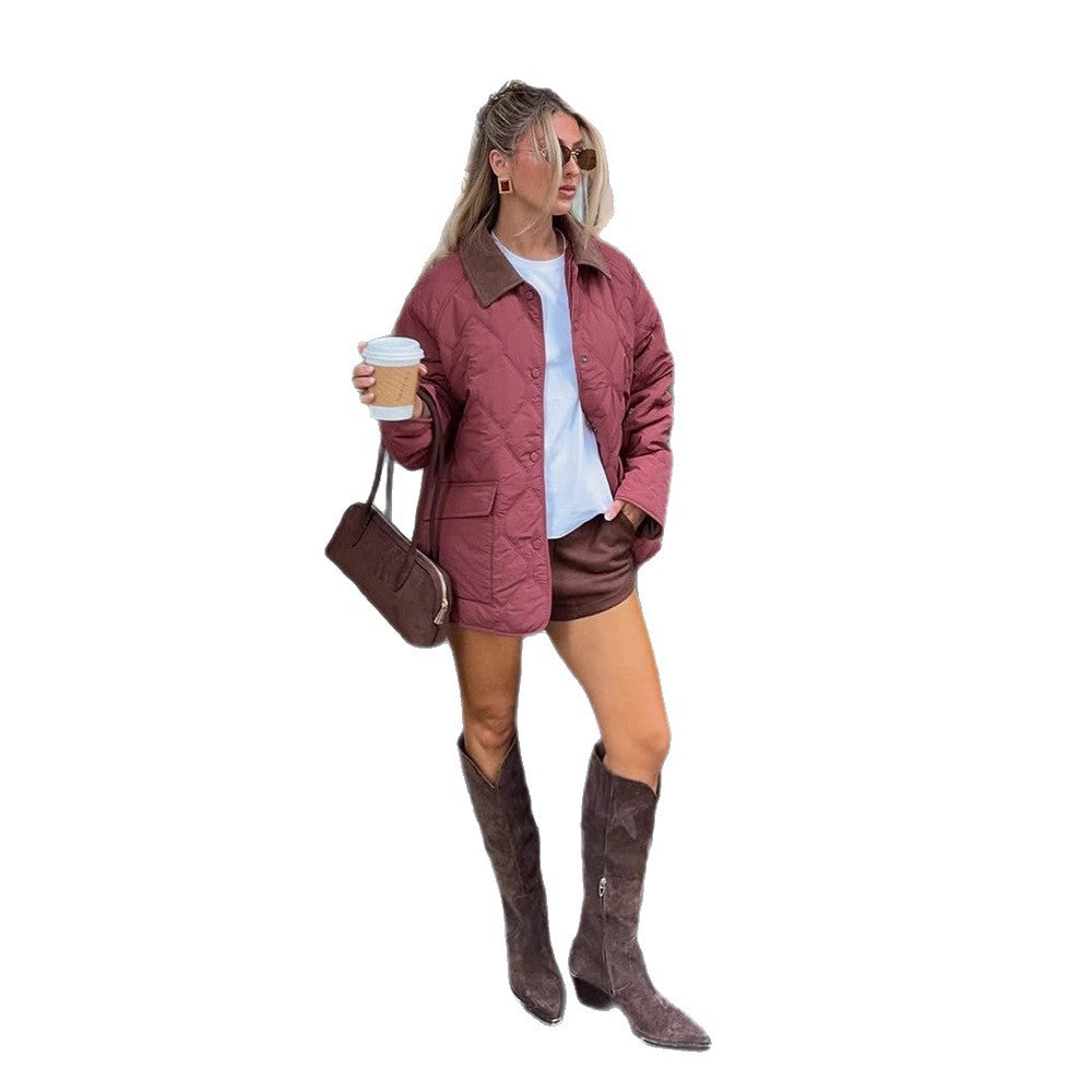 Women's quilted oversized jacket with cord collar, snap button closure and patch flap pockets Amarae