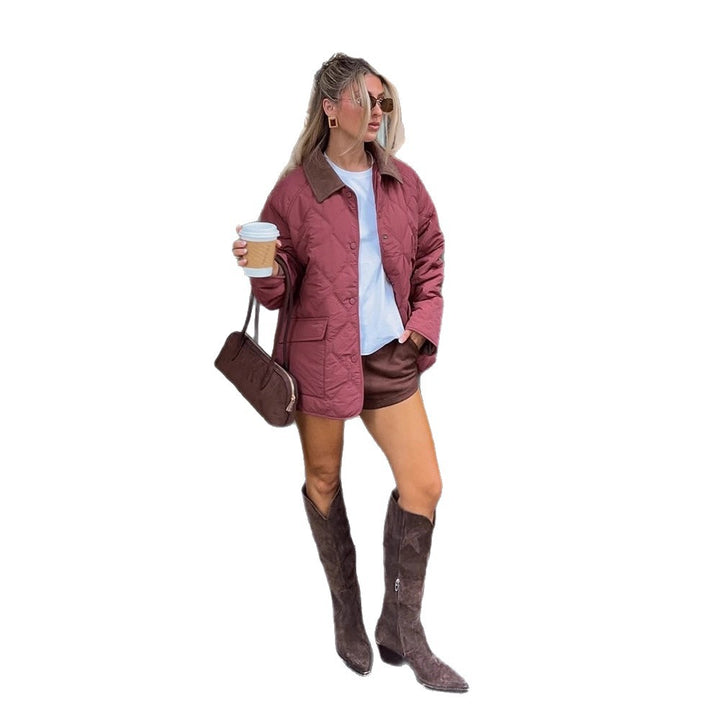 Women's quilted oversized jacket with cord collar, snap button closure and patch flap pockets Amarae