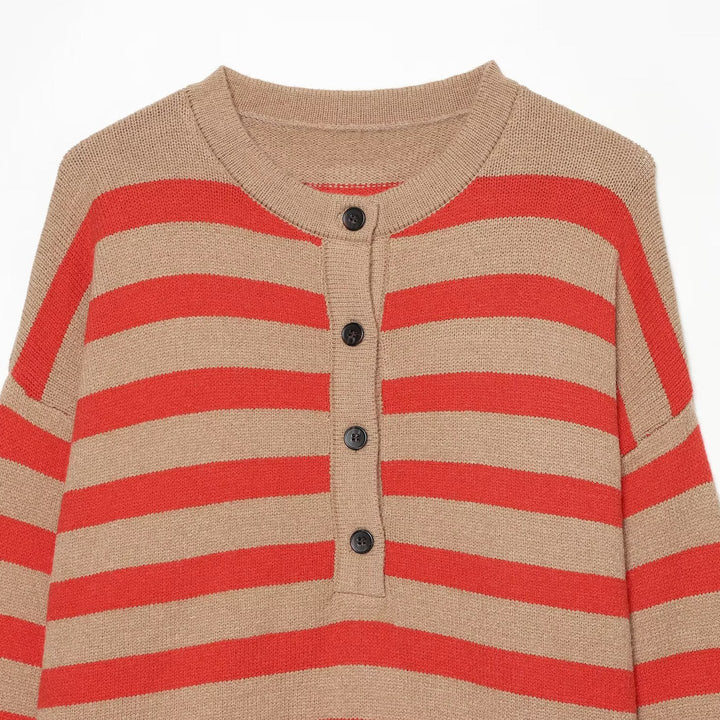 Women's Striped Oversize Knit Sweater with Henley Button Placket Amarae