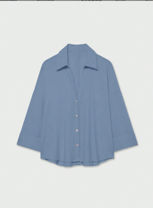 Women's Lightweight Oversized Linen Look Blouse with Three-Quarter Sleeves and Full Button Placket Amarae