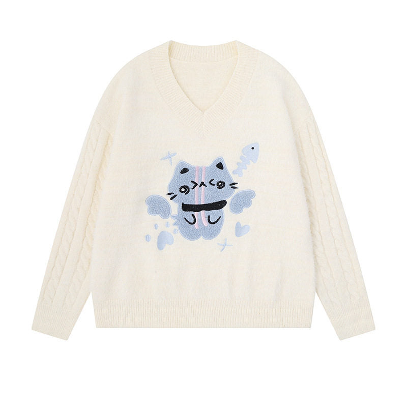 Women's V-neck knitted sweater with cable sleeves and chenille cat motif Amarae