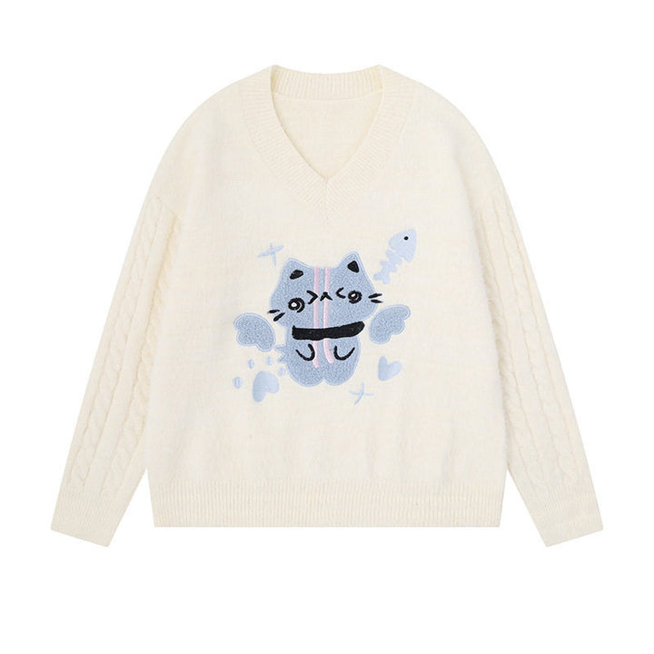 Women's V-neck knitted sweater with cable sleeves and chenille cat motif Amarae