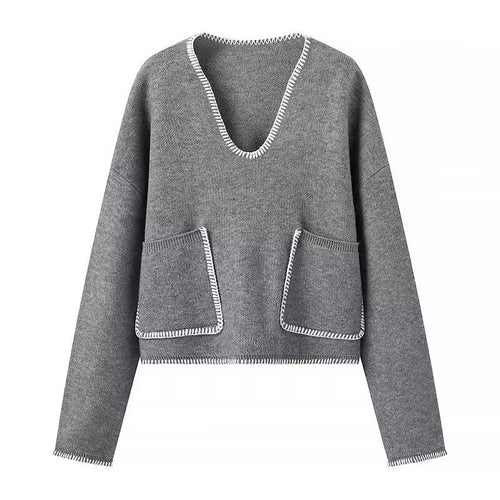 Pull en tricot épais pour femmes avec col en V profond et poches pratiques Chic & Stil