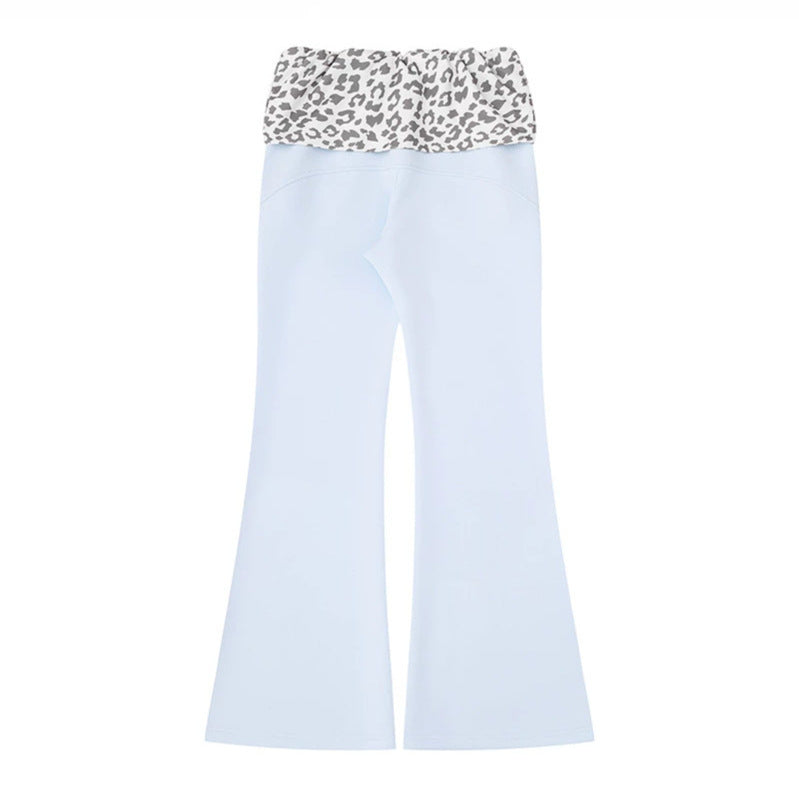 Women's Wide Jersey Lounge Pants with Flared Hem and Turned-Down Leopard Waistband Amarae