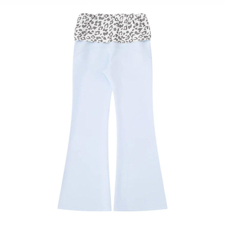 Women's Wide Jersey Lounge Pants with Flared Hem and Turned-Down Leopard Waistband Amarae