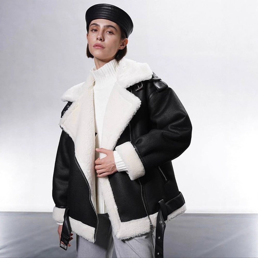 Women's Oversized Biker Jacket with Teddy Fur Lining and Adjustable Belts Amarae