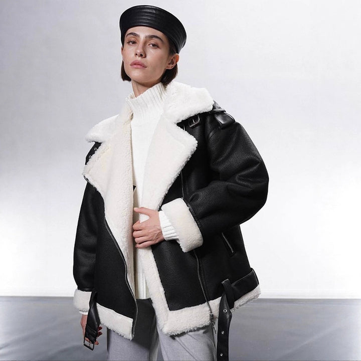Women's Oversized Biker Jacket with Teddy Fur Lining and Adjustable Belts Amarae