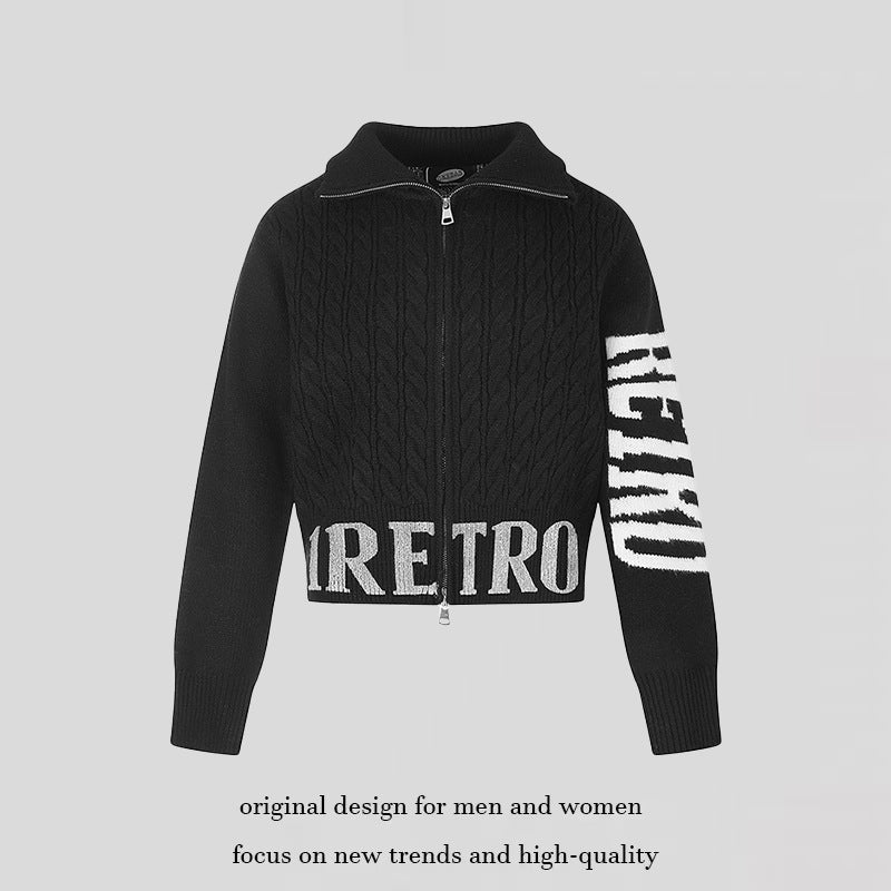 Women's Short Cable Knit Cardigan with Stand-up Collar, Full-Length Zipper and Typo Hem Amarae