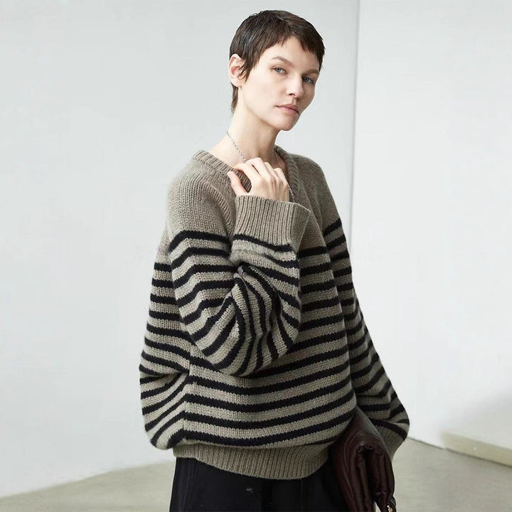 Pull décontracté à col en V pour femme avec rayures