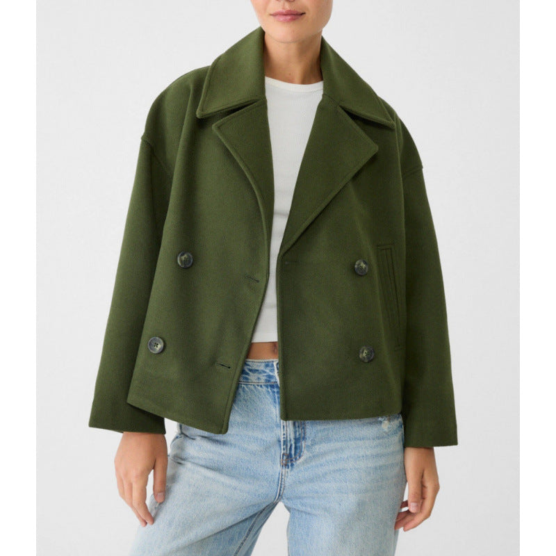 Women's Short Double-Breasted Wool Blend Peacoat with Oversized Lapels Amarae