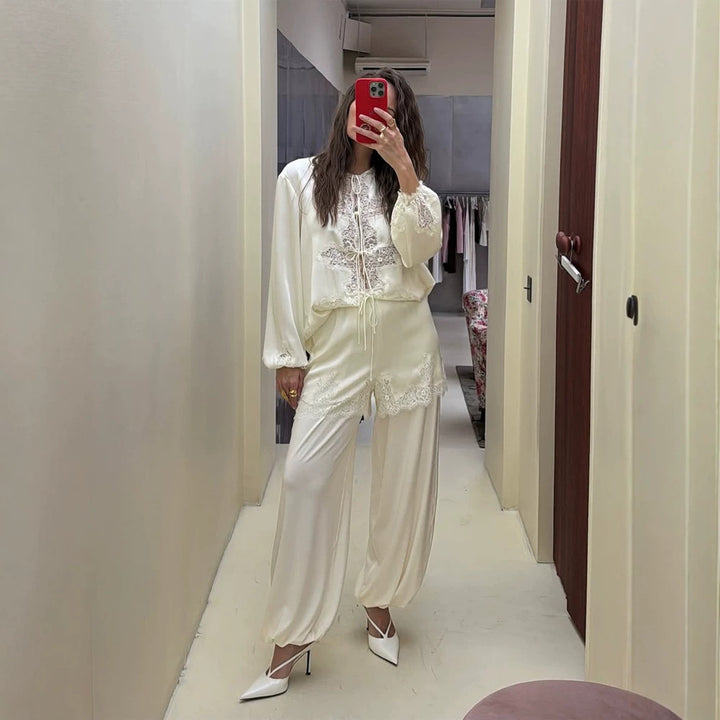 Women's Satin Loungewear Set with Lace Trim, Drawstring Top and Ballooned Palazzo Pants Amarae