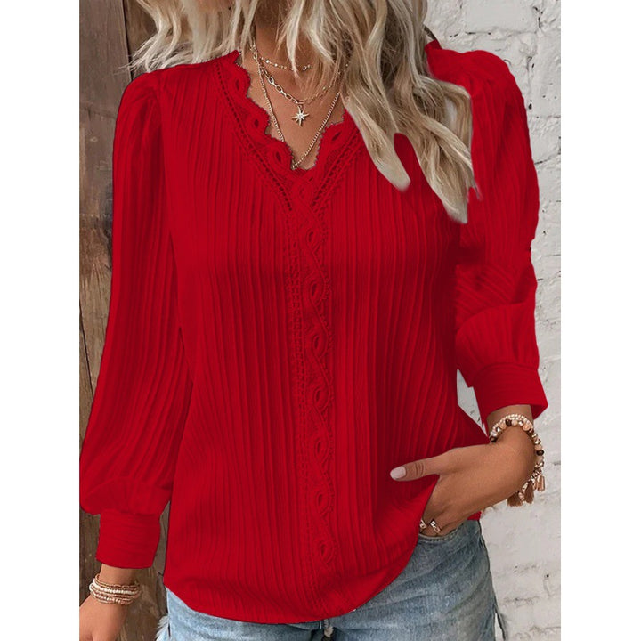 Women Pleated V-Neck Blouse with Lace Trim and Balloon Sleeves Amarae