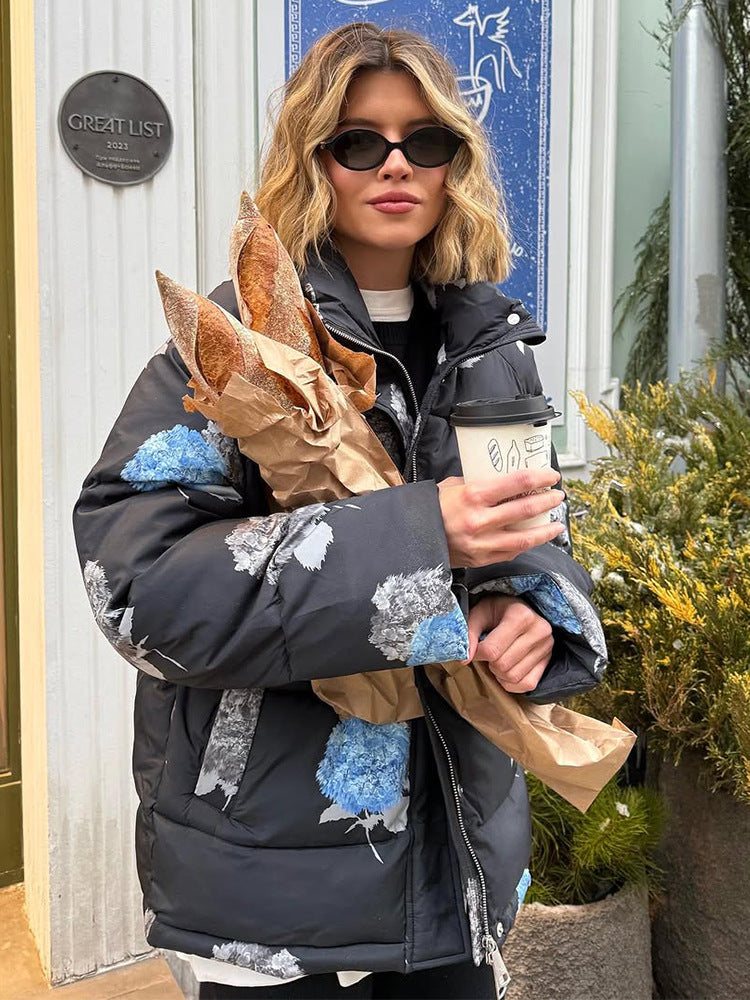 Women Padded Oversized Quilted Jacket with Floral Print and Hood Amarae