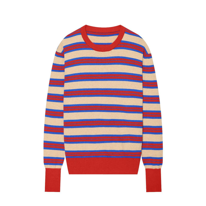 Women's Striped Fine Knit Sweater with Round Neckline and Extended Ribbed Cuffs Amarae