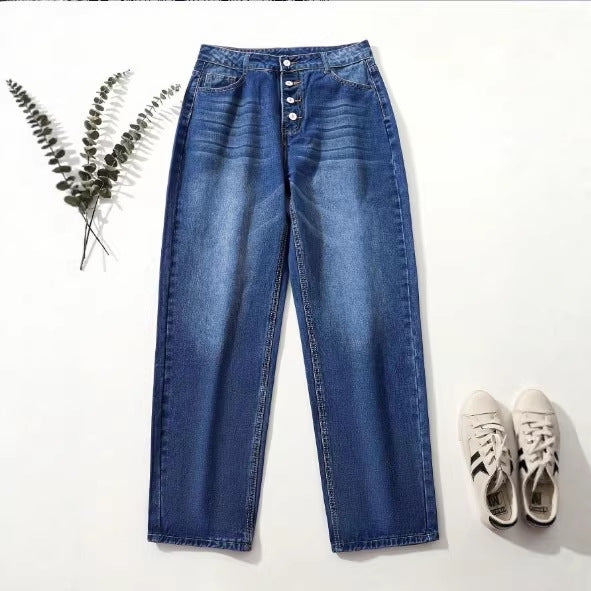 Ladies High-Waist Relaxed-Fit Jeans in Boyfriend Style with Visible Button Placket and Rolled Hem Amarae