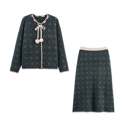 Elegant knit set for women with floral pattern and decorative borders Amarae